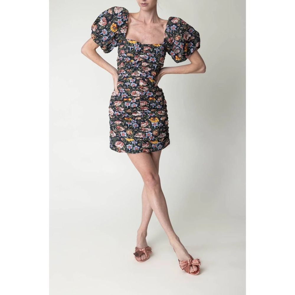 RHODE Black Floral Puff-Sleeve Mini Dress
